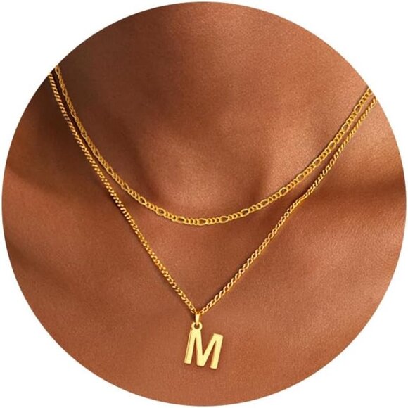 Jewelry - Trendy 14K Gold Initial Necklace with Cuban & Figaro Chains - Women’s Jewelry